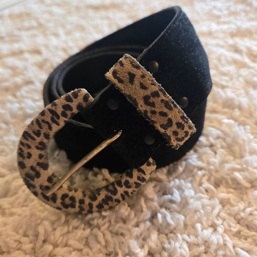 Vintage Black & Leopard Print Suede Belt Medium